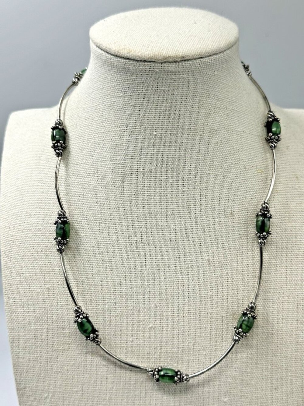 3/$30 Green Pearl Necklace Satin Finish Beads Silver Tube Chain Toggle Clasp